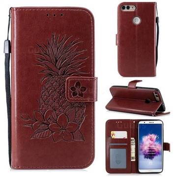 Embossing Flower Pineapple Leather Wallet Case for Huawei P Smart(Enjoy 7S) - Brown