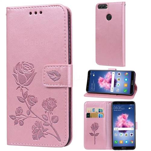 Embossing Rose Flower Leather Wallet Case for Huawei P Smart(Enjoy 7S) - Rose Gold