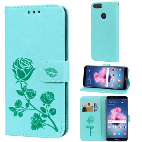 Embossing Rose Flower Leather Wallet Case for Huawei P Smart(Enjoy 7S) - Green
