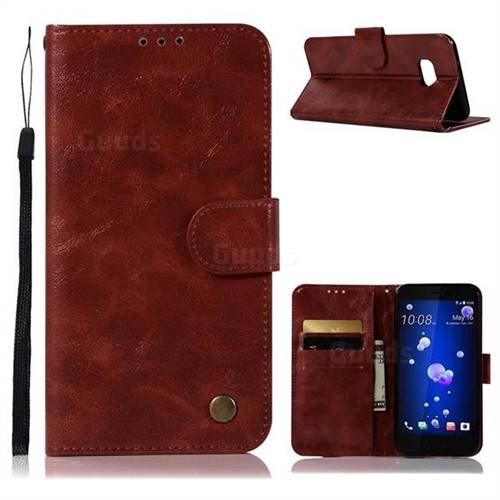 Luxury Retro Leather Wallet Case for HTC U11 - Wine Red