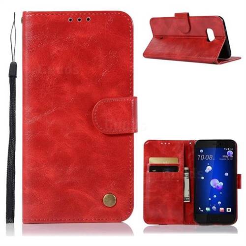 Luxury Retro Leather Wallet Case for HTC U11 - Red