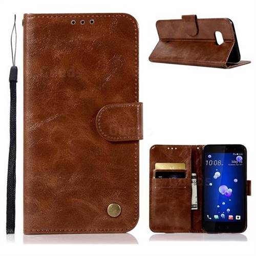 Luxury Retro Leather Wallet Case for HTC U11 - Brown