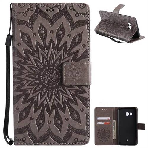 Embossing Sunflower Leather Wallet Case for HTC U11 - Gray