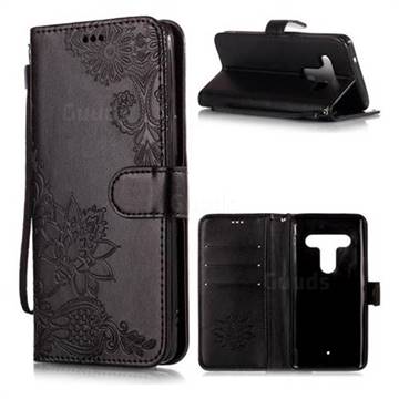 Intricate Embossing Lotus Mandala Flower Leather Wallet Case for HTC U12+ - Black
