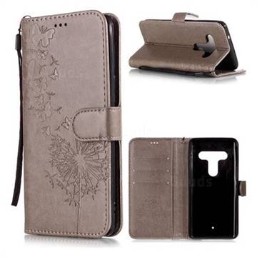 Intricate Embossing Dandelion Butterfly Leather Wallet Case for HTC U12+ - Gray