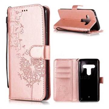 Intricate Embossing Dandelion Butterfly Leather Wallet Case for HTC U12+ - Rose Gold