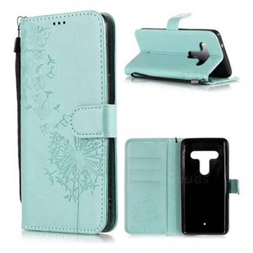 Intricate Embossing Dandelion Butterfly Leather Wallet Case for HTC U12+ - Green