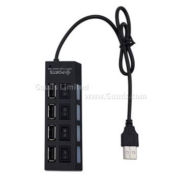 Blue LED 4 Ports High Speed USB 2.0 HUB with Power Switch for Each Port - Black
