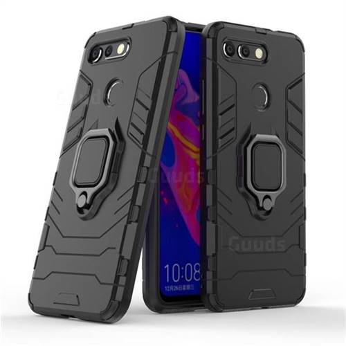 Black Panther Armor Metal Ring Grip Shockproof Dual Layer Rugged Hard Cover for Huawei Honor View 20 / V20 - Black