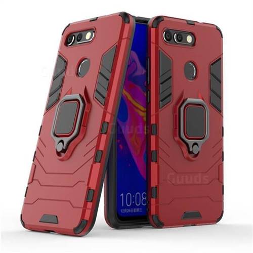 Black Panther Armor Metal Ring Grip Shockproof Dual Layer Rugged Hard Cover for Huawei Honor View 20 / V20 - Red