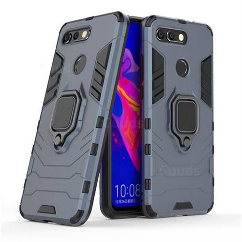 Black Panther Armor Metal Ring Grip Shockproof Dual Layer Rugged Hard Cover for Huawei Honor View 20 / V20 - Blue