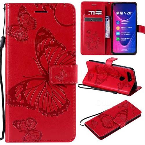 Embossing 3D Butterfly Leather Wallet Case for Huawei Honor View 20 / V20 - Red