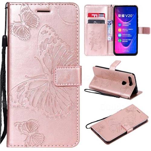 Embossing 3D Butterfly Leather Wallet Case for Huawei Honor View 20 / V20 - Rose Gold