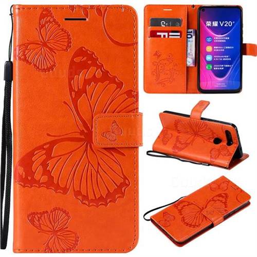 Embossing 3D Butterfly Leather Wallet Case for Huawei Honor View 20 / V20 - Orange