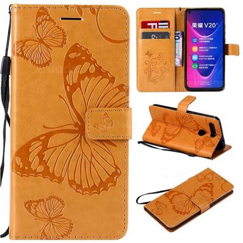 Embossing 3D Butterfly Leather Wallet Case for Huawei Honor View 20 / V20 - Yellow