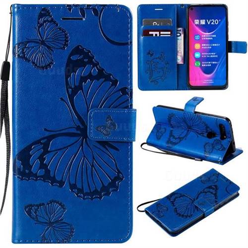 Embossing 3D Butterfly Leather Wallet Case for Huawei Honor View 20 / V20 - Blue