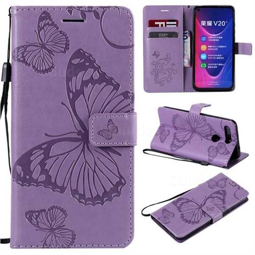 Embossing 3D Butterfly Leather Wallet Case for Huawei Honor View 20 / V20 - Purple