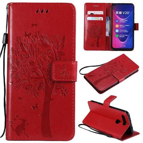 Embossing Butterfly Tree Leather Wallet Case for Huawei Honor View 20 / V20 - Red