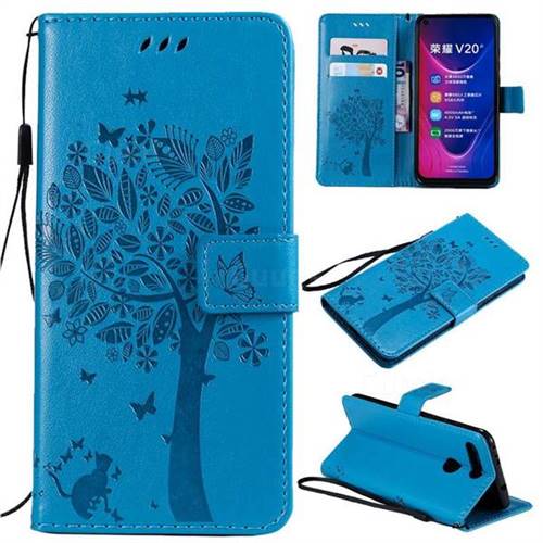 Embossing Butterfly Tree Leather Wallet Case for Huawei Honor View 20 / V20 - Blue