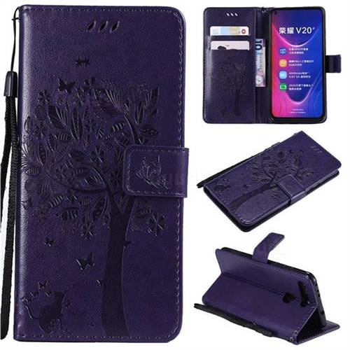 Embossing Butterfly Tree Leather Wallet Case for Huawei Honor View 20 / V20 - Purple