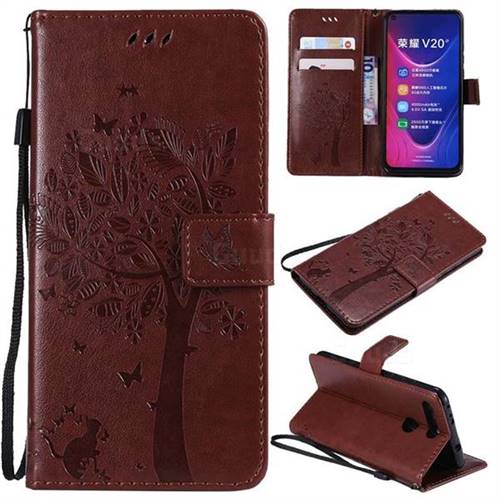Embossing Butterfly Tree Leather Wallet Case for Huawei Honor View 20 / V20 - Coffee