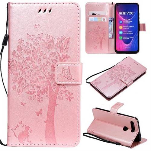 Embossing Butterfly Tree Leather Wallet Case for Huawei Honor View 20 / V20 - Rose Pink