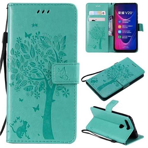Embossing Butterfly Tree Leather Wallet Case for Huawei Honor View 20 / V20 - Cyan