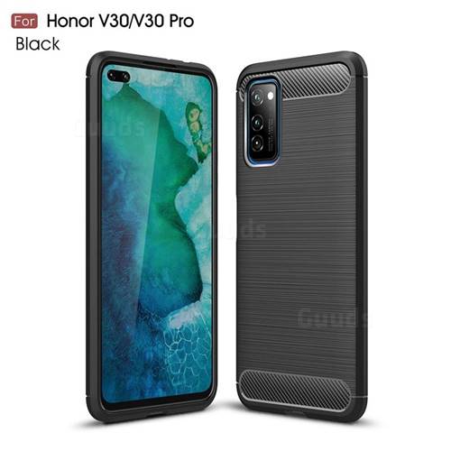 Luxury Carbon Fiber Brushed Wire Drawing Silicone TPU Back Cover for Huawei Honor View 30 / V30 - Black