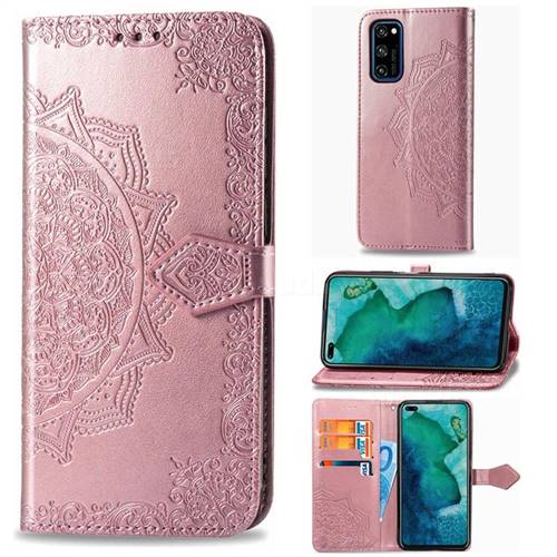 Embossing Imprint Mandala Flower Leather Wallet Case for Huawei Honor View 30 / V30 - Rose Gold