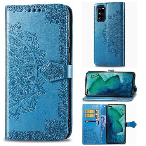 Embossing Imprint Mandala Flower Leather Wallet Case for Huawei Honor View 30 / V30 - Blue