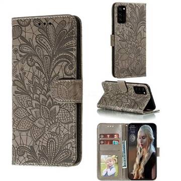 Intricate Embossing Lace Jasmine Flower Leather Wallet Case for Huawei Honor View 30 / V30 - Gray