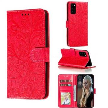 Intricate Embossing Lace Jasmine Flower Leather Wallet Case for Huawei Honor View 30 / V30 - Red