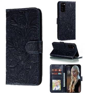 Intricate Embossing Lace Jasmine Flower Leather Wallet Case for Huawei Honor View 30 / V30 - Dark Blue