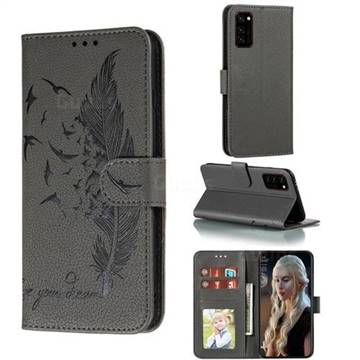 Intricate Embossing Lychee Feather Bird Leather Wallet Case for Huawei Honor View 30 / V30 - Gray