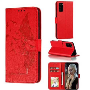 Intricate Embossing Lychee Feather Bird Leather Wallet Case for Huawei Honor View 30 / V30 - Red