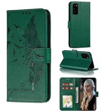 Intricate Embossing Lychee Feather Bird Leather Wallet Case for Huawei Honor View 30 / V30 - Green