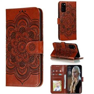 Intricate Embossing Datura Solar Leather Wallet Case for Huawei Honor View 30 / V30 - Brown