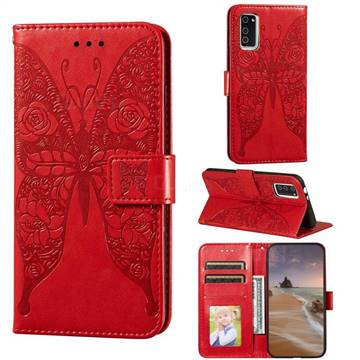 Intricate Embossing Rose Flower Butterfly Leather Wallet Case for Huawei Honor View 30 / V30 - Red