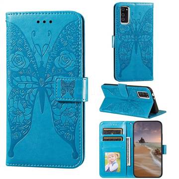 Intricate Embossing Rose Flower Butterfly Leather Wallet Case for Huawei Honor View 30 / V30 - Blue