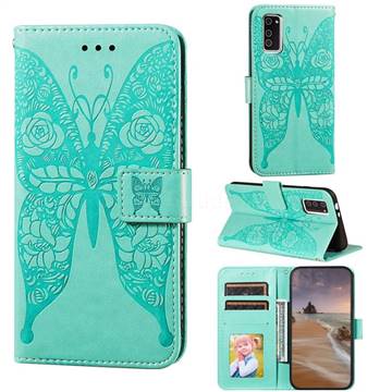 Intricate Embossing Rose Flower Butterfly Leather Wallet Case for Huawei Honor View 30 / V30 - Green