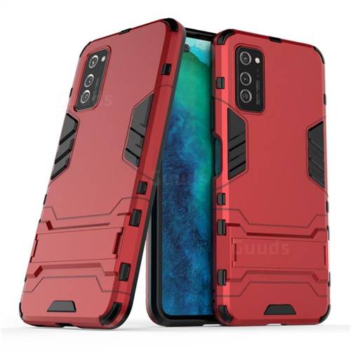 Armor Premium Tactical Grip Kickstand Shockproof Dual Layer Rugged Hard Cover for Huawei Honor View 30 Pro / V30 Pro - Wine Red