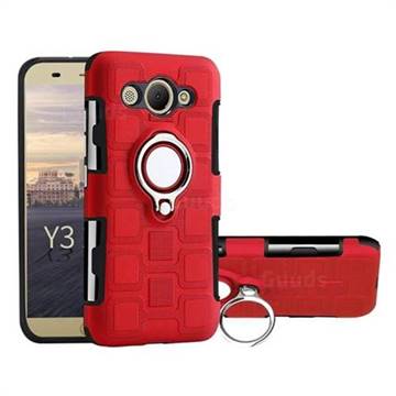 Ice Cube Shockproof PC + Silicon Invisible Ring Holder Phone Case for Huawei Y3 (2017) - Red