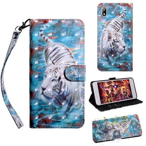 White Tiger 3D Painted Leather Wallet Case for Huawei Y5 (2019)