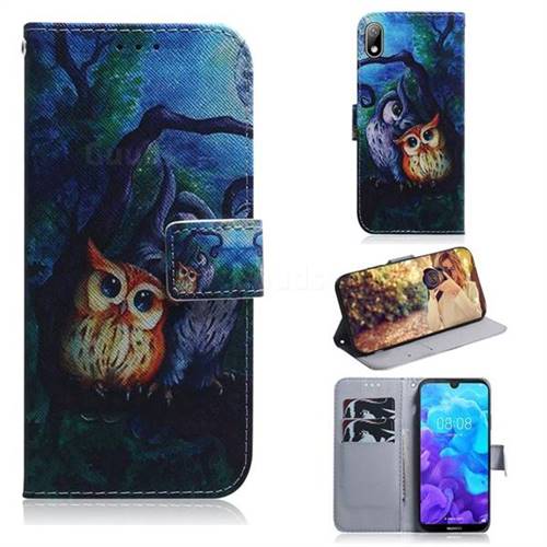 Oil Painting Owl PU Leather Wallet Case for Huawei Y5 (2019)