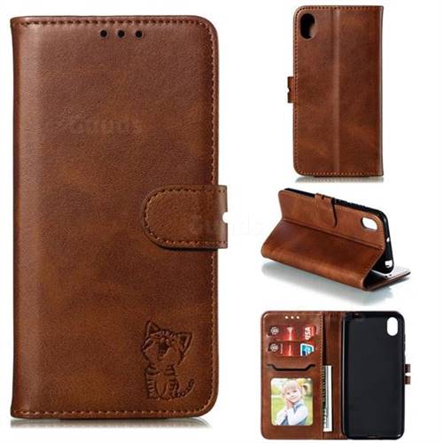 Embossing Happy Cat Leather Wallet Case for Huawei Y5 (2019) - Brown