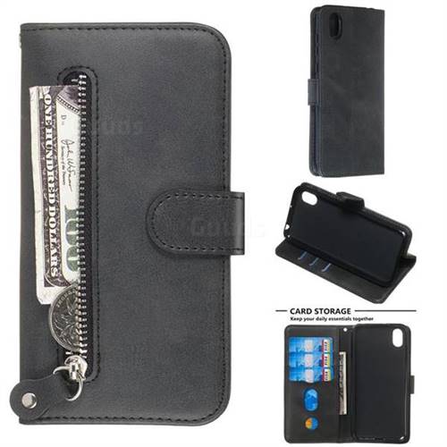Retro Luxury Zipper Leather Phone Wallet Case for Huawei Y5 (2019) - Black