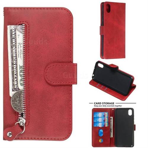 Retro Luxury Zipper Leather Phone Wallet Case for Huawei Y5 (2019) - Red