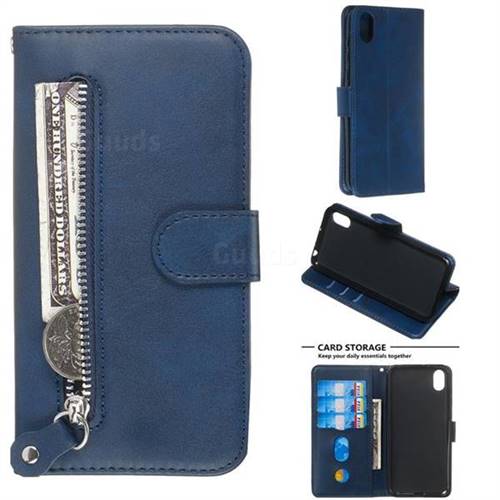 Retro Luxury Zipper Leather Phone Wallet Case for Huawei Y5 (2019) - Blue