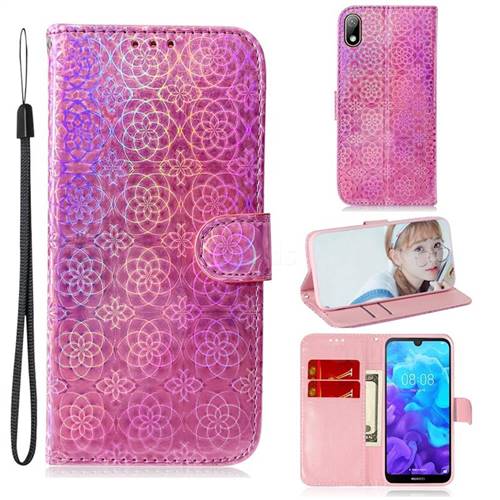 Laser Circle Shining Leather Wallet Phone Case for Huawei Y5 (2019) - Pink