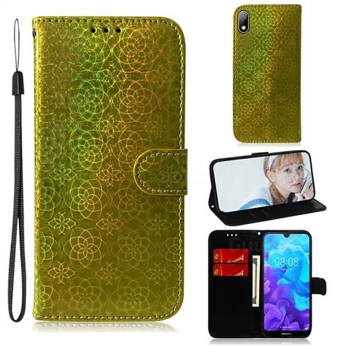Laser Circle Shining Leather Wallet Phone Case for Huawei Y5 (2019) - Golden